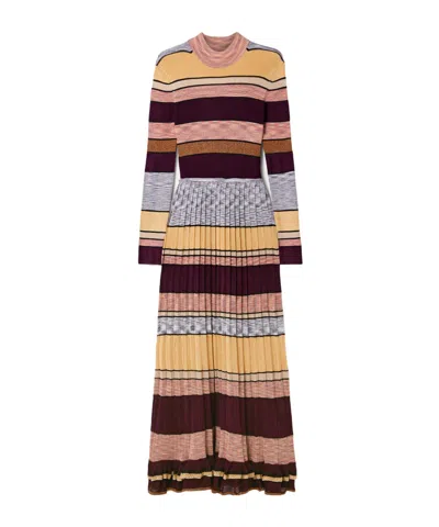 Ulla Johnson Striped Pleated Metallic Knit High-neck Long Dress In Multi