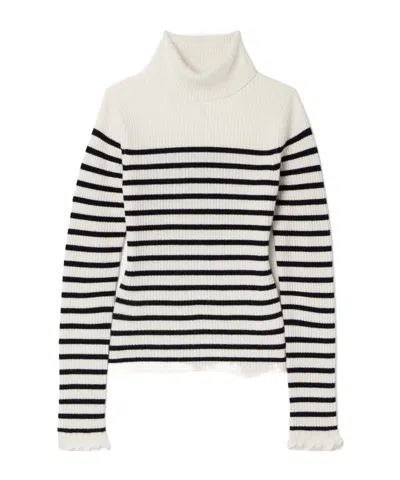 Ulla Johnson Annika Ribbed Striped Cashmere Turtleneck Sweater In White