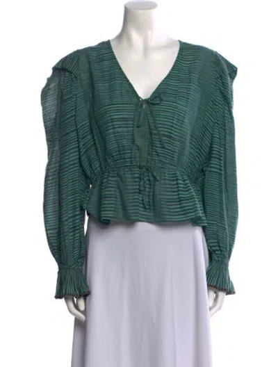 Pre-owned Ulla Johnson Striped V-neck Crop Top In Green