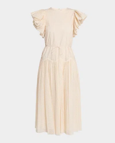 Ulla Johnson Sylvaine Flutter-sleeve Lasercut Poplin Ankle Dress In Neutral
