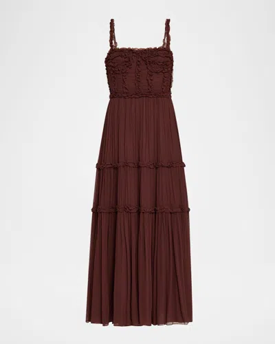 Ulla Johnson Talitha Smocked Sleeveless Silk Midi Dress In Burgundy