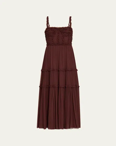 Ulla Johnson Talitha Smocked Sleeveless Silk Midi Dress In Red