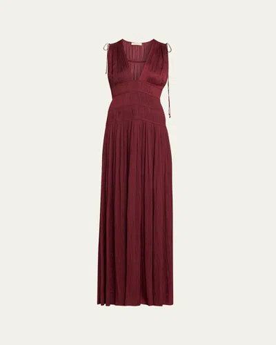Ulla Johnson Tasneem Pleated Deep-v Satin Gown In Burgundy