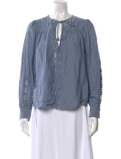 Pre-owned Ulla Johnson Tie Neck Long Sleeve Blouse In Blue