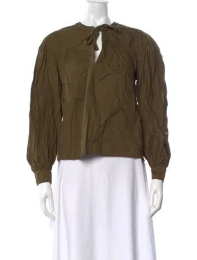 Pre-owned Ulla Johnson Tie Neck Long Sleeve Blouse In Green