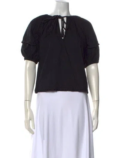 Pre-owned Ulla Johnson Tie Neck Short Sleeve Blouse In Black