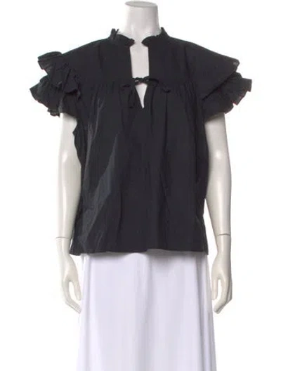 Pre-owned Ulla Johnson Tie Neck Short Sleeve Blouse In Black
