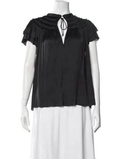 Pre-owned Ulla Johnson Tie Neck Short Sleeve Blouse In Black