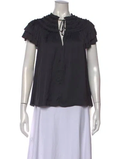 Pre-owned Ulla Johnson Tie Neck Short Sleeve Blouse In Black