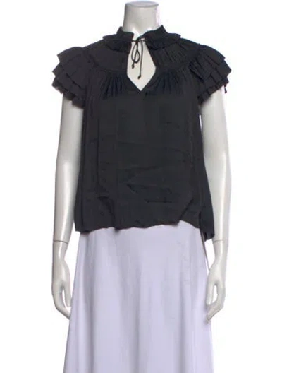 Pre-owned Ulla Johnson Tie Neck Short Sleeve Blouse In Black