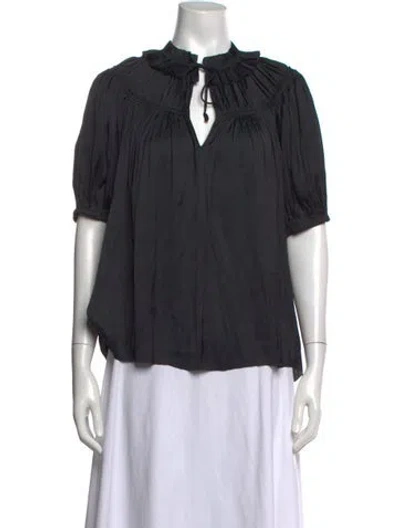 Pre-owned Ulla Johnson Tie Neck Short Sleeve Blouse In Black
