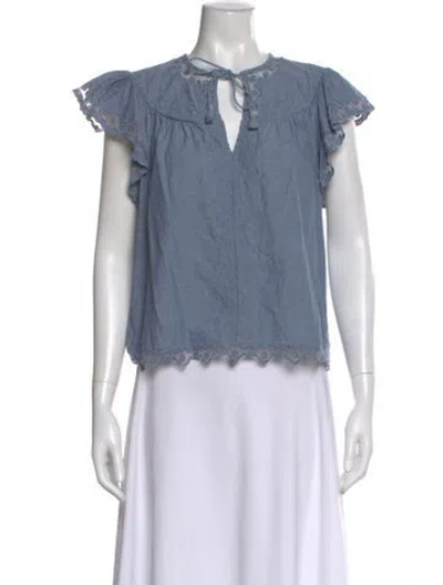 Pre-owned Ulla Johnson Tie Neck Short Sleeve Blouse In Blue