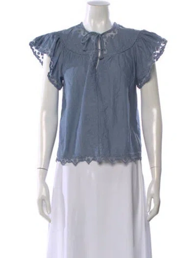 Pre-owned Ulla Johnson Tie Neck Short Sleeve Blouse In Blue