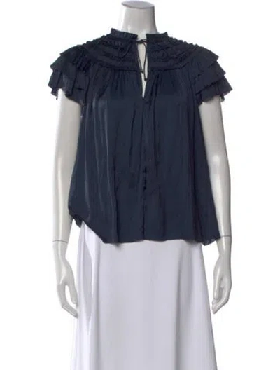 Pre-owned Ulla Johnson Tie Neck Short Sleeve Blouse In Blue
