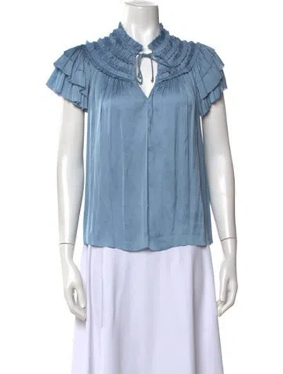 Pre-owned Ulla Johnson Tie Neck Short Sleeve Blouse In Blue