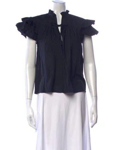 Pre-owned Ulla Johnson Tie Neck Short Sleeve Blouse In Blue