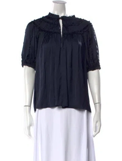 Pre-owned Ulla Johnson Tie Neck Short Sleeve Blouse In Blue