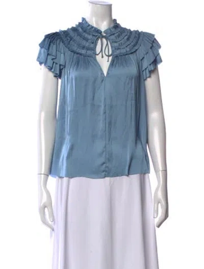 Pre-owned Ulla Johnson Tie Neck Short Sleeve Blouse In Blue