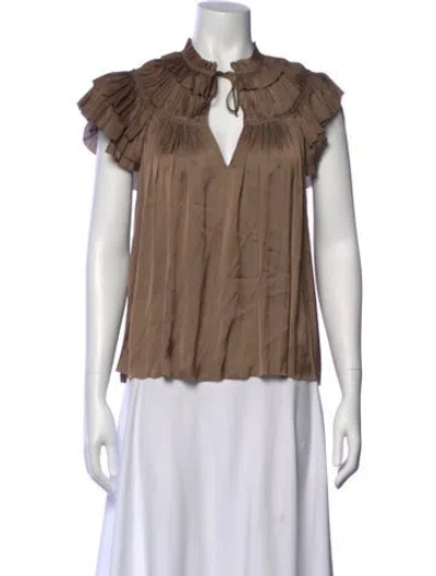 Pre-owned Ulla Johnson Tie Neck Short Sleeve Blouse In Brown