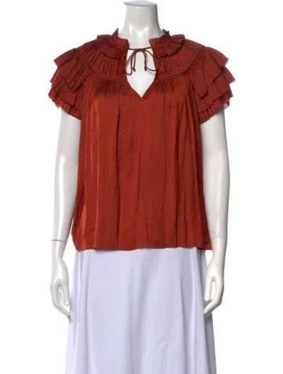 Pre-owned Ulla Johnson Tie Neck Short Sleeve Blouse In Brown