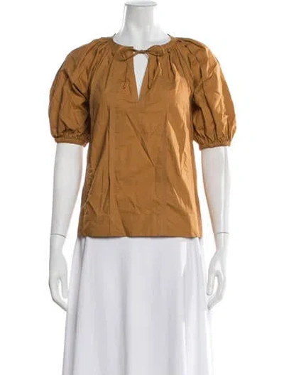 Pre-owned Ulla Johnson Tie Neck Short Sleeve Blouse In Brown