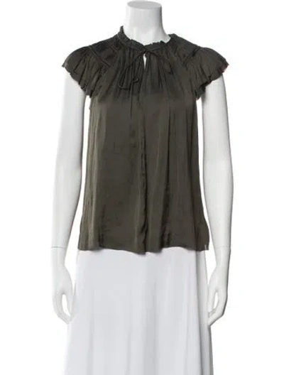Pre-owned Ulla Johnson Tie Neck Short Sleeve Blouse In Green