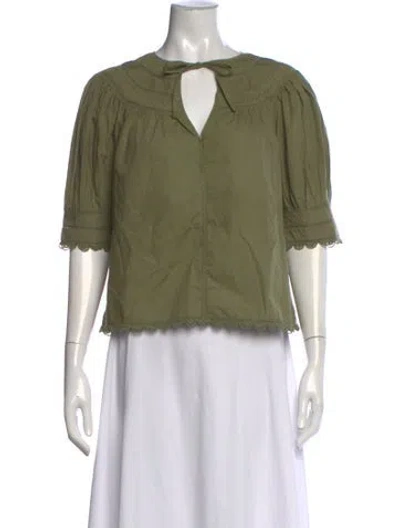 Pre-owned Ulla Johnson Tie Neck Short Sleeve Blouse In Green