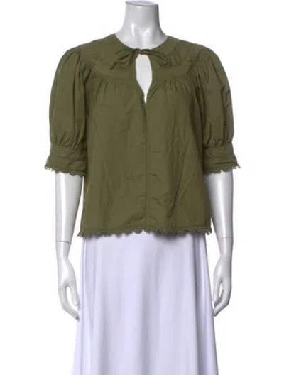 Pre-owned Ulla Johnson Tie Neck Short Sleeve Blouse In Green