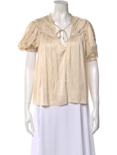 Pre-owned Ulla Johnson Tie Neck Short Sleeve Blouse In Neutral