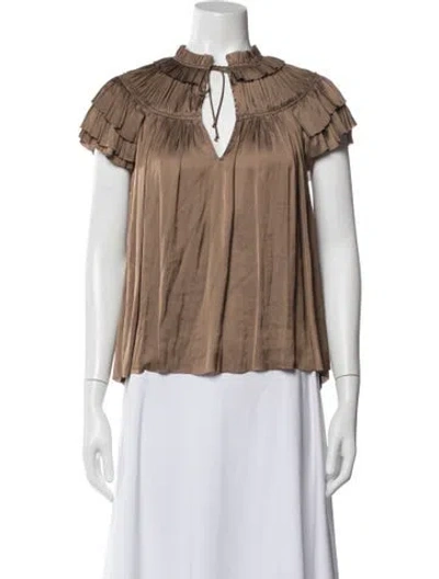 Pre-owned Ulla Johnson Tie Neck Short Sleeve Blouse In Neutral