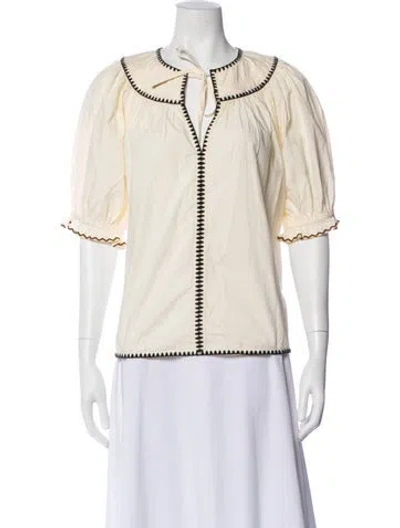 Pre-owned Ulla Johnson Tie Neck Short Sleeve Blouse In Neutral