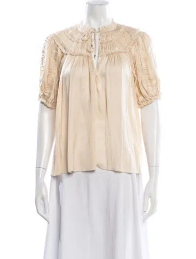 Pre-owned Ulla Johnson Tie Neck Short Sleeve Blouse In Neutral