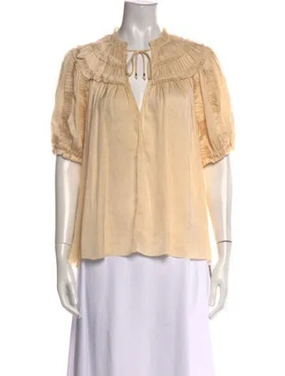 Pre-owned Ulla Johnson Tie Neck Short Sleeve Blouse In Neutral