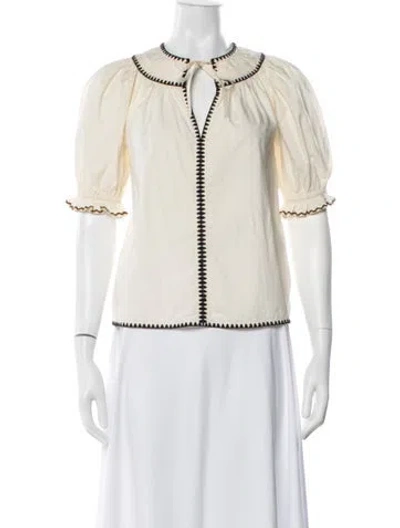 Pre-owned Ulla Johnson Tie Neck Short Sleeve Blouse In Neutrals