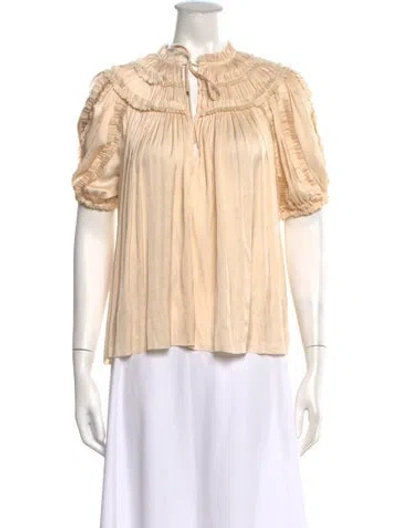 Pre-owned Ulla Johnson Tie Neck Short Sleeve Blouse In Neutrals