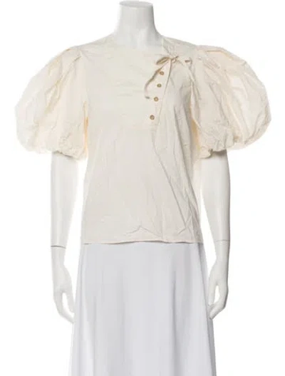 Pre-owned Ulla Johnson Tie Neck Short Sleeve Blouse In Neutrals/white