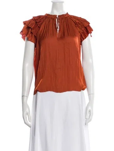 Pre-owned Ulla Johnson Tie Neck Short Sleeve Blouse In Orange