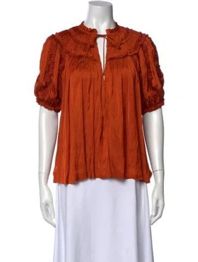 Pre-owned Ulla Johnson Tie Neck Short Sleeve Blouse In Orange