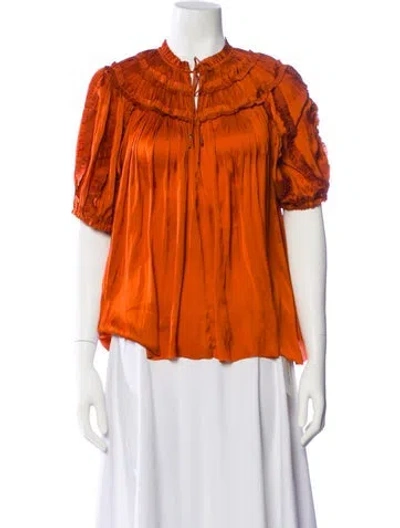 Pre-owned Ulla Johnson Tie Neck Short Sleeve Blouse In Orange