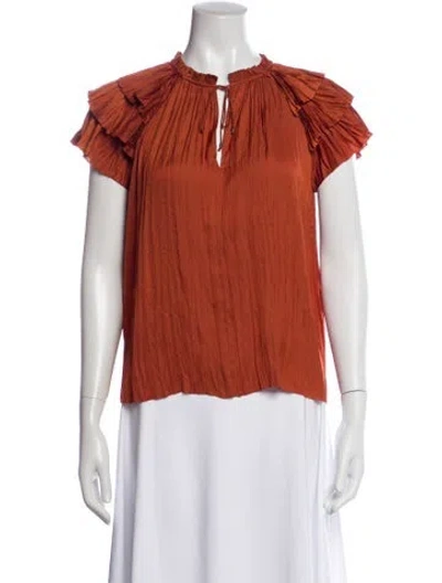 Pre-owned Ulla Johnson Tie Neck Short Sleeve Blouse In Orange