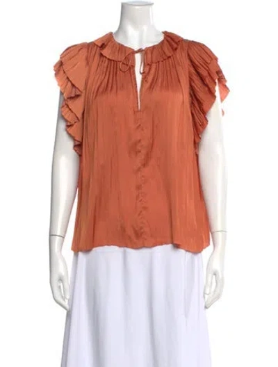 Pre-owned Ulla Johnson Tie Neck Short Sleeve Blouse In Orange