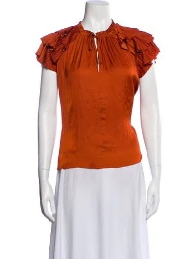 Pre-owned Ulla Johnson Tie Neck Short Sleeve Blouse In Orange