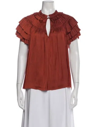 Pre-owned Ulla Johnson Tie Neck Short Sleeve Blouse In Orange
