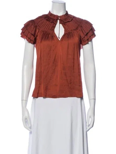 Pre-owned Ulla Johnson Tie Neck Short Sleeve Blouse W/ Tags In Orange