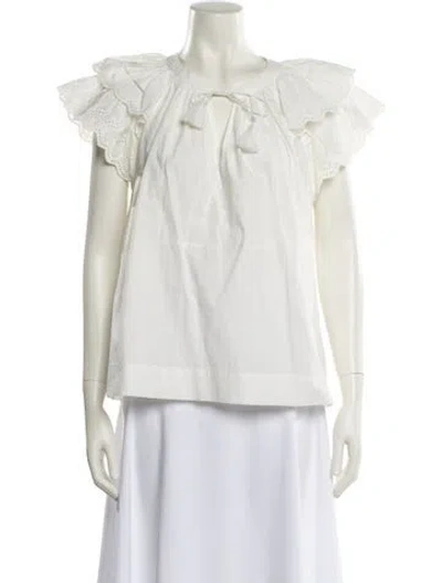 Pre-owned Ulla Johnson Tie Neck Short Sleeve Blouse In White