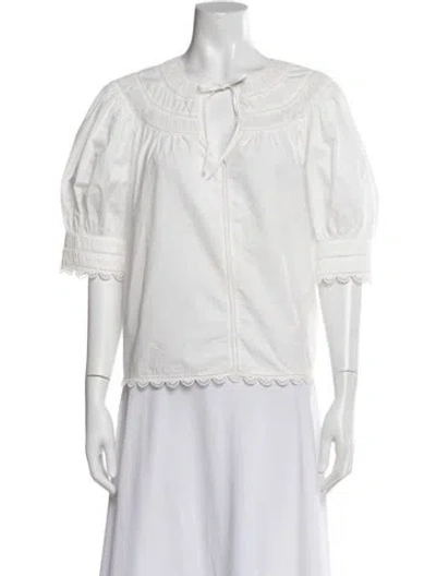 Pre-owned Ulla Johnson Tie Neck Short Sleeve Blouse In White