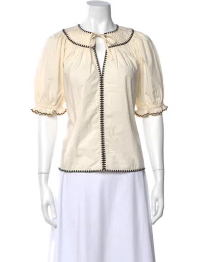 Pre-owned Ulla Johnson Tie Neck Short Sleeve Blouse In White