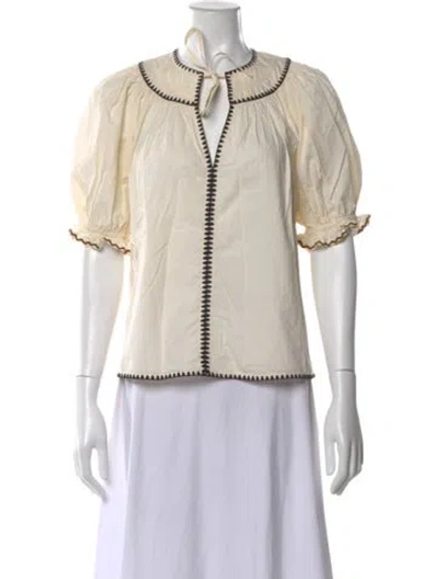 Pre-owned Ulla Johnson Tie Neck Short Sleeve Blouse In White