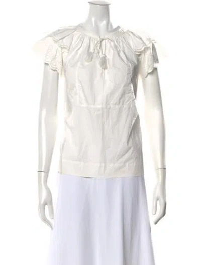 Pre-owned Ulla Johnson Tie Neck Short Sleeve Blouse In White