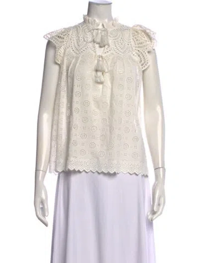 Pre-owned Ulla Johnson Tie Neck Short Sleeve Blouse In White